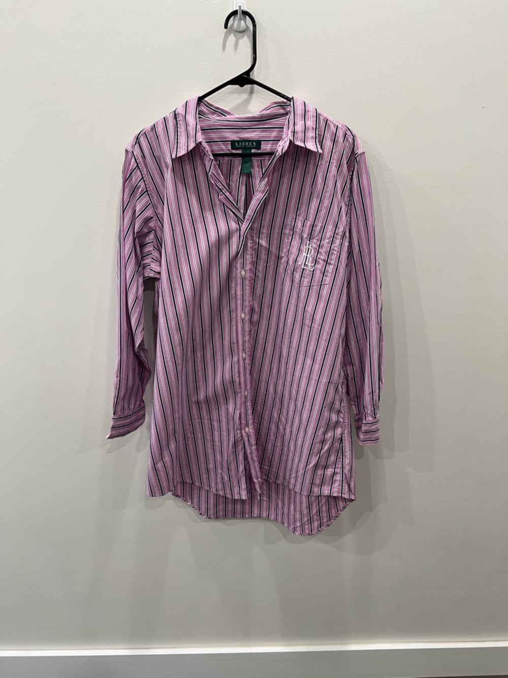 Lauren Ralph Lauren Pink Stripped Cotton Sleep Shirt S/M Button Down Nightshirt